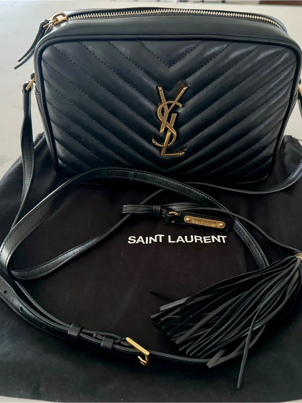 Saint Laurent Black Quilted Camera Crossbody with Gold YSL Logo and Tassel - Picture 1 of 13